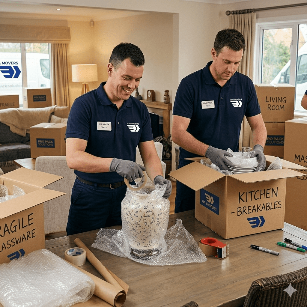 Two members of the moving team are packing items.