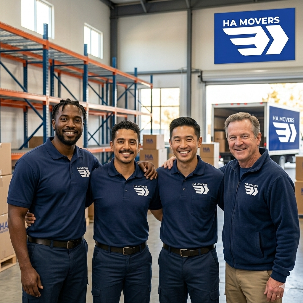 Movers and packers team in blue uniform at company office.